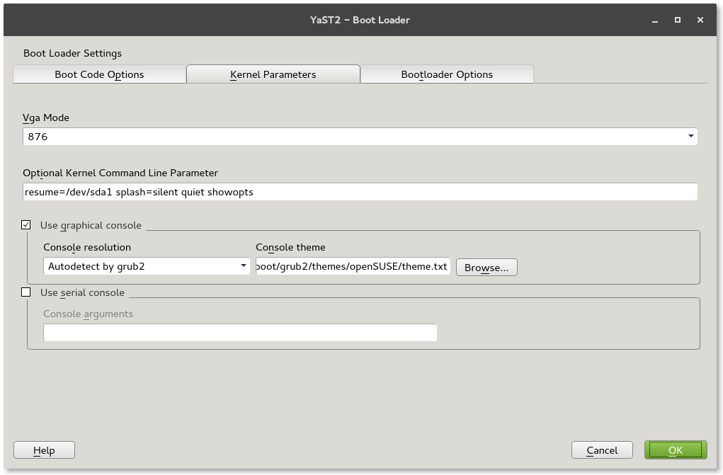 Οι παράμετροι που περνά ο bootloader (GRUB) στον πυρήνα ενός συστήματος με openSUSE, όπως φαίνονται μέσα από το εργαλείο διαχείρισης YaST.
