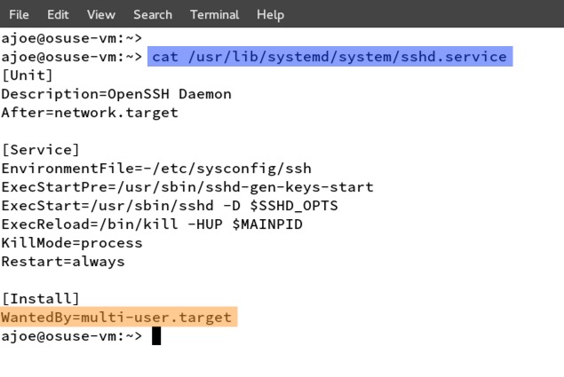 Εξετάζοντας το αρχείο /usr/lib/systemd/system/sshd.service, διαπιστώνουμε ότι η υπηρεσία του SSH απαιτείται από το multi-user.target. Έτσι, μετά την ενεργοποίησή της θα είναι διαθέσιμη τόσο σ&rsquo; αυτό όσο και σε κάθε άλλο target που εμπεριέχει το multi-user.target. Παρατηρήστε εξάλλου ότι η υπηρεσία ενεργοποιείται μετά το network.target. Λογικό, από τη στιγμή που έχουμε να κάνουμε με δικτυακή υπηρεσία.
